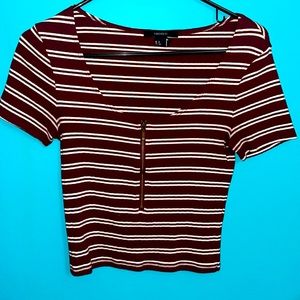 Striped maroon and white colored shirt. Size small and worn only twice.